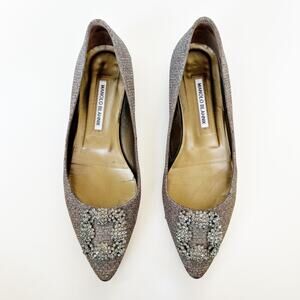 Manolo Blahnik Gray Glitter Gold Metallic Hangisi Flat Pointed Toe Shoes Size 39